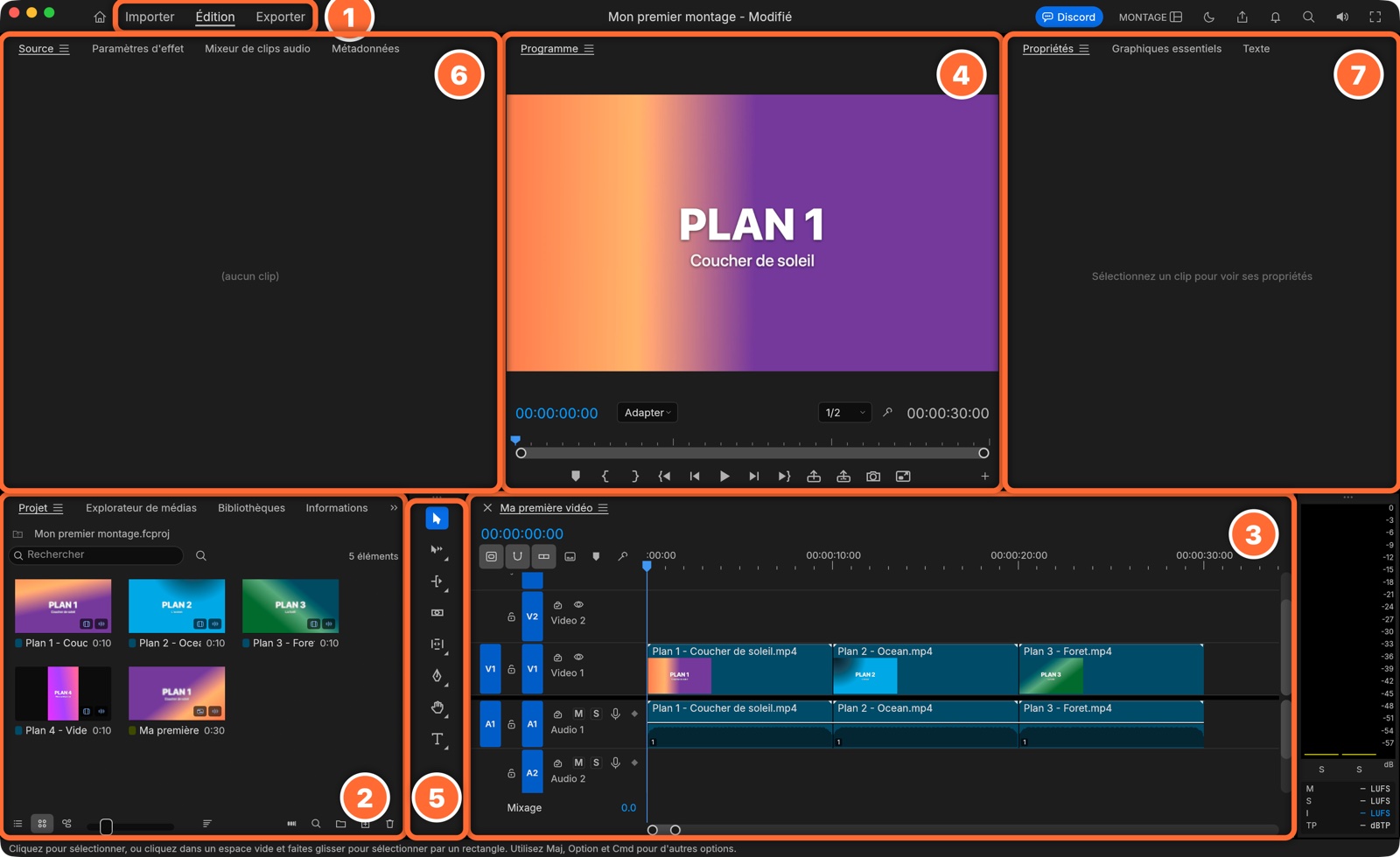 L'écran Édition de FilmCraft, avec les sept zones numérotées