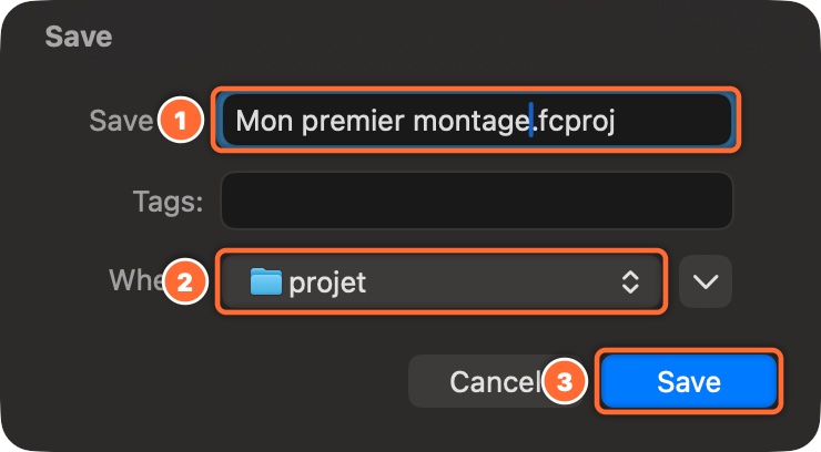 La fenêtre d'enregistrement du projet, avec le nom, le dossier et le bouton Enregistrer