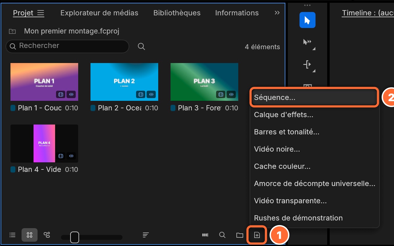 Le menu Nouvel élément ouvert dans le panneau Projet, avec Séquence en haut