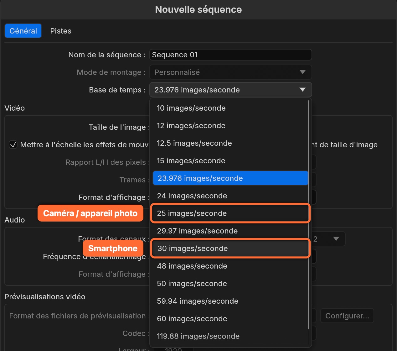 La liste déroulante Base de temps, avec 25 et 30 images par seconde encadrés