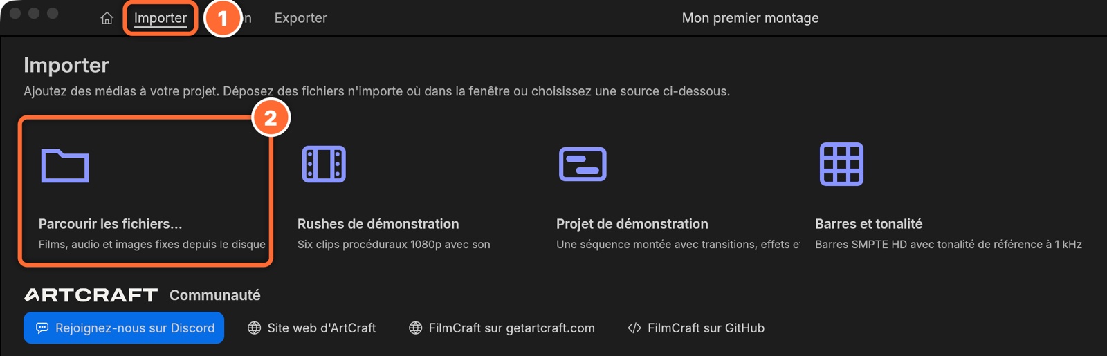 L'écran Importer de FilmCraft avec le bouton Parcourir les fichiers