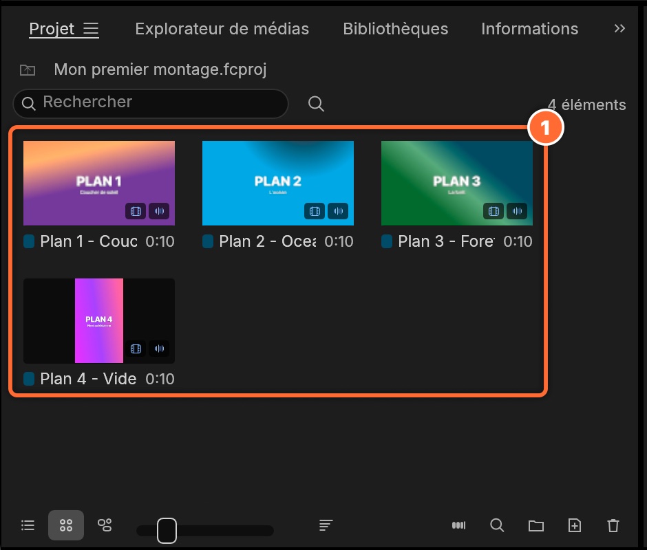 Le panneau Projet avec les quatre vidéos importées