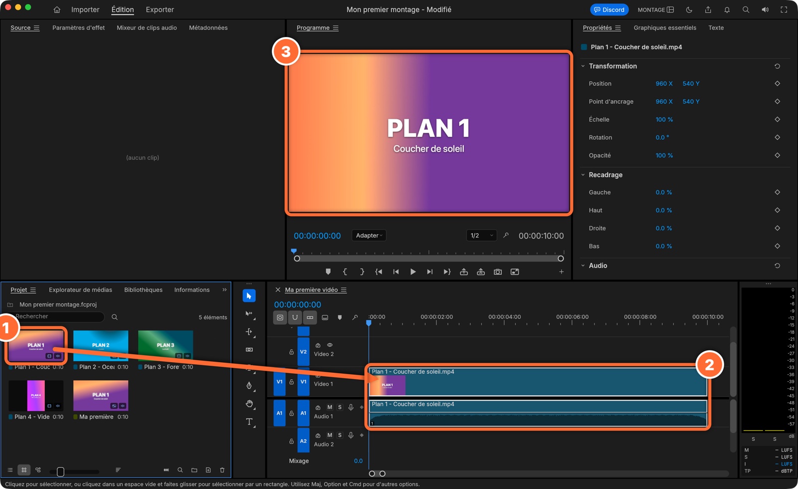 Une flèche montre la vidéo glissée du panneau Projet vers le début de la timeline