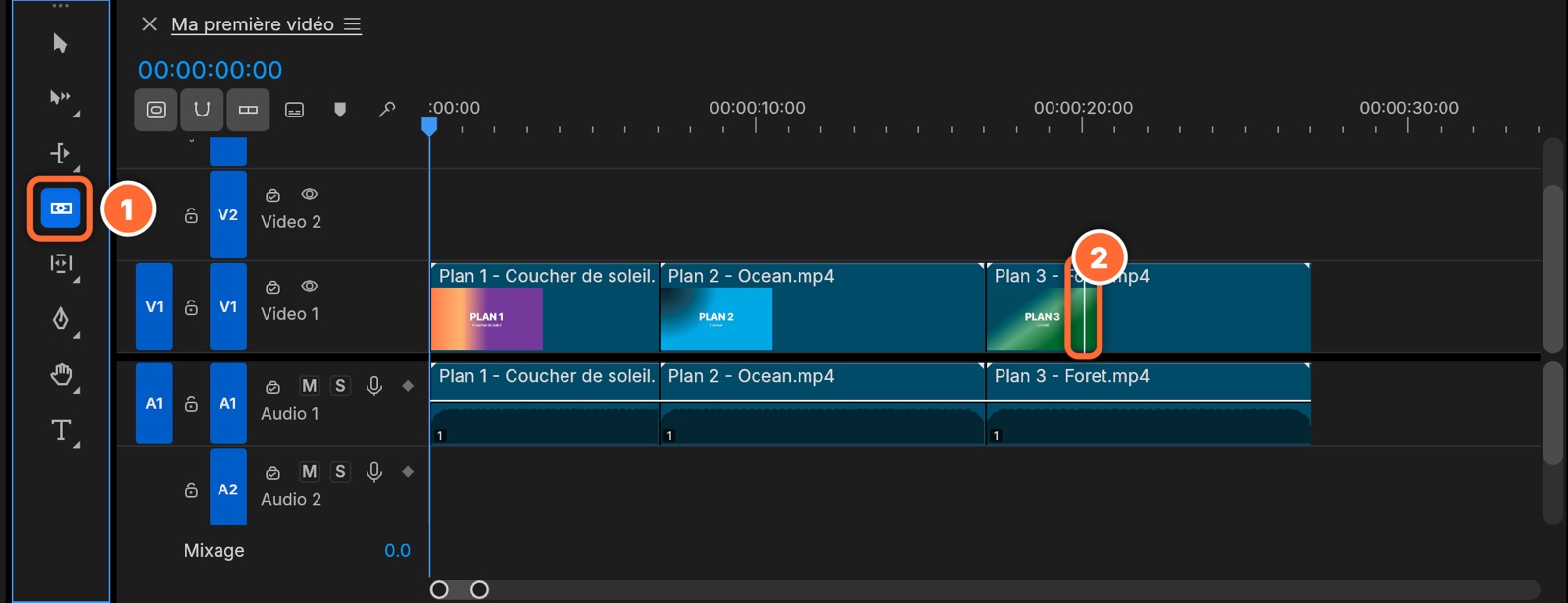 L'outil Cutter sélectionné et le trait de coupe sur le plan 3