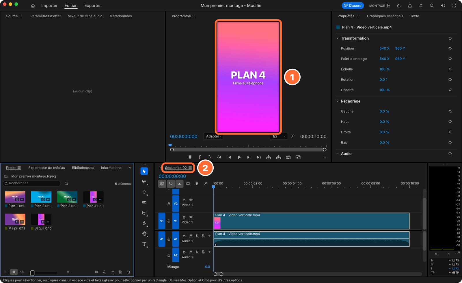 Une séquence verticale créée automatiquement en déposant une vidéo de téléphone dans la timeline vide